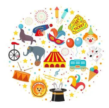 Circus icon set in round shape flat, cartoon style. Collection of elements wi Stock Illustration