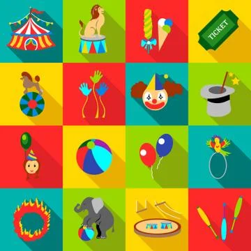 Circus icons set, flat style Stock Illustration