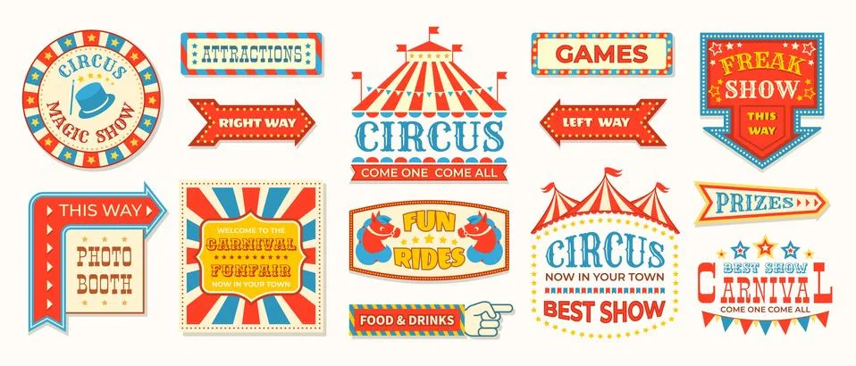 Circus labels. Carnival retro banner signs, vintage magic frames and arrows 스톡 일러스트
