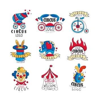 Circus logo design set, bright colorful emblems for amusement park, festival Ilustração Stock