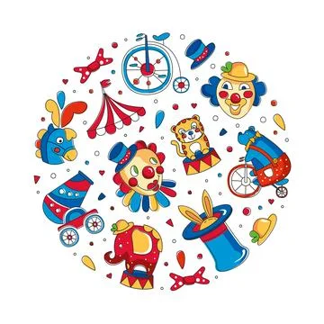 Circus objects seamless pattern in round shape. Banner, poster, background with Stock Illustration