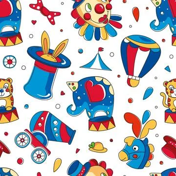 Circus objects seamless pattern. Wallpaper, textile, background with carnival Illustrazione stock