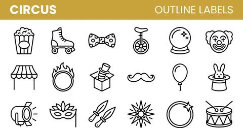 Circus Outline Labels Set with Popcorn, Roller Skates, Bow Tie, Unicycle, a.. Stock Illustration