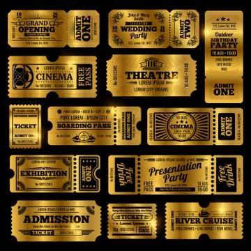 Circus, party and cinema vector vintage admission tickets templates. Golden Stock Illustration