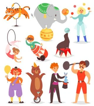 Circus people vector acrobat and clown with trained animals characters in circus Stock Illustration