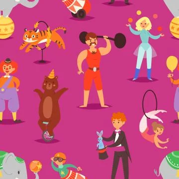 Circus people vector acrobat and clown with trained animals characters in circus Stock Illustration