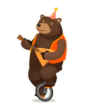 Circus performance. Happy bear rides unicycle and plays balalaika. Cartoon Stock Illustration