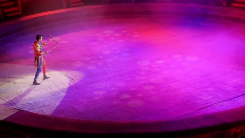 A circus performer in a bright costume performs in the circus arena with Stock Footage 168923186