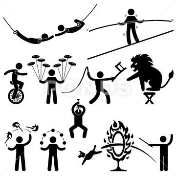 Circus Performers Acrobat Stunt Animal Man Stick Figure Pictogram Icon Stock Illustration