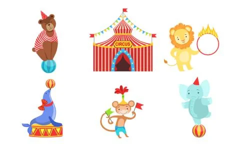 Circus Performers Characters Set, Marquee, Circus Animals, Lion, Bear, Monkey Stock Illustration