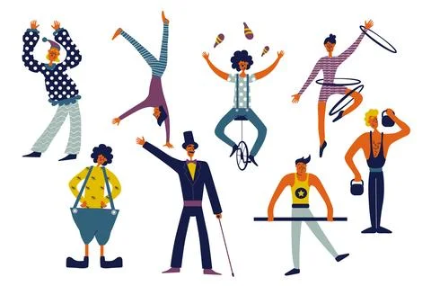 Circus performers people set in flat character design for web. Bundle perso.. Stock Illustration