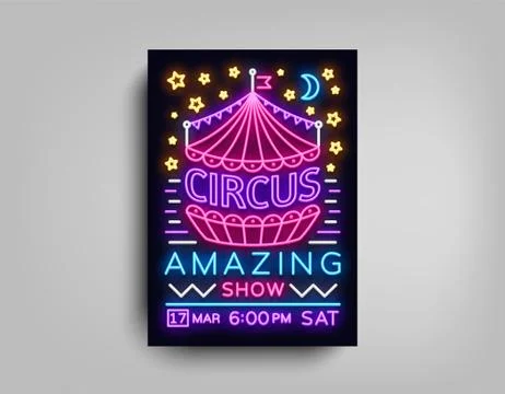 Circus poster design template in neon style. Circus Neon sign, tent, light Illustrazione stock