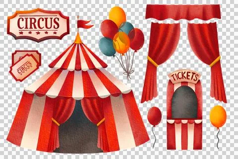Circus Props Set. A drawing of brightly colored holiday props for decoration. Stock-Illustration