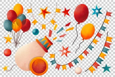 Circus Props Set. A drawing of brightly colored holiday props for decoration. Stock Illustration