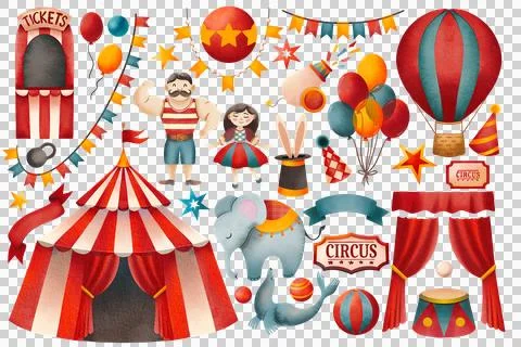Circus Props Set. A drawing of brightly colored holiday props for decoration. Stock Illustration
