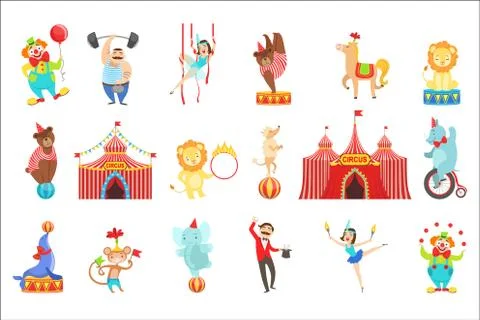 Circus Related Objects And Characters Set. Cute Cartoon Childish Style Illustrazione stock