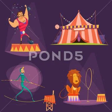 Circus Retro Cartoon Icon Set Stock Illustration