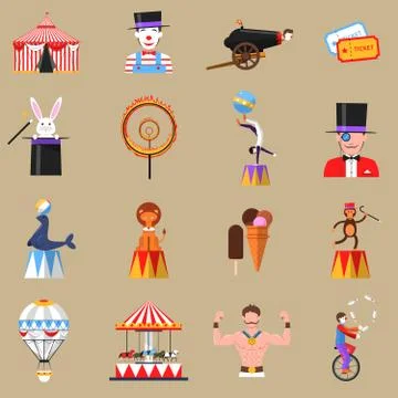 Circus retro flat icons set print 库存插图