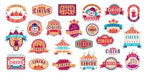 Circus retro labels. Vector carnival event stickers for invitation, vintage show Stock Illustration