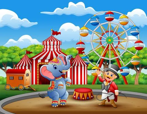 Circus ringmaster performs a trick along with elephant in arena Ilustración de archivo