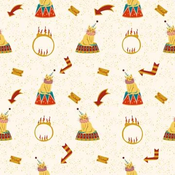 Circus seamless pattern with cats on standing stage, ring fire, arrows, tickets Stock Illustration