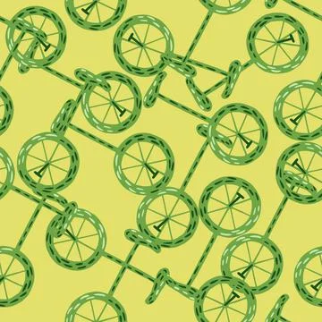 Circus seamless pattern with green colored bicycle elements print. Yellow pal Illustrazione stock