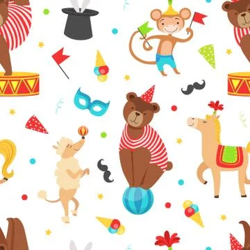 Circus Seamless Pattern with Vintage Carnival Elements and Cute Animals Illustrazione stock