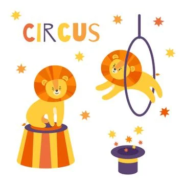 Circus set with adorable lions. Vector illustration in cartoon style Stock Illustration