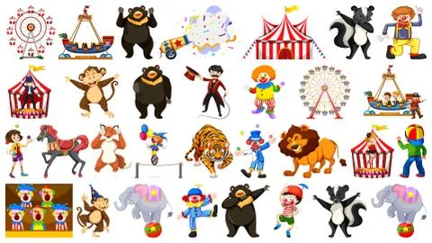 Circus set with animals rides and clowns on isolated background Illustrazione stock