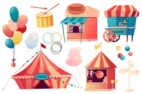 Circus set graphic elements in flat design. Bundle of stalls with tickets, .. Stock Illustration