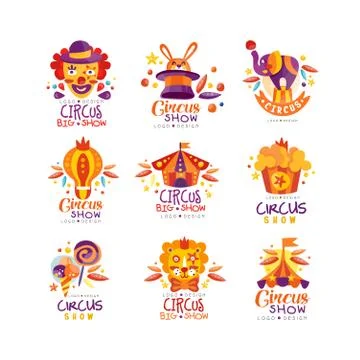 Circus show logo design set, carnival, festive, circus show labels, badges, hand Stock Illustration