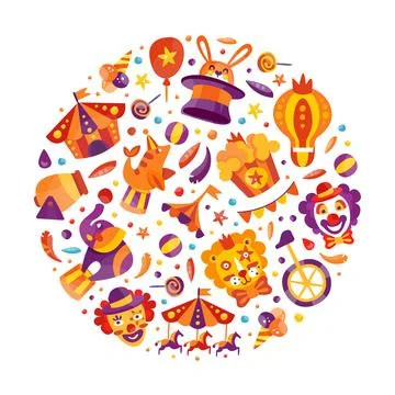 Circus Show Round Composition Design with Fairground Amusement Object Vector Stock Illustration