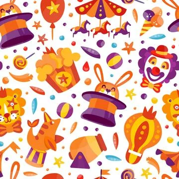 Circus Show Seamless Pattern with Fairground Amusement Object Vector Template Illustrazione stock