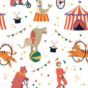 Circus show seamless pattern. Funny carnival amusement background, cute cartoon Illustrazione stock