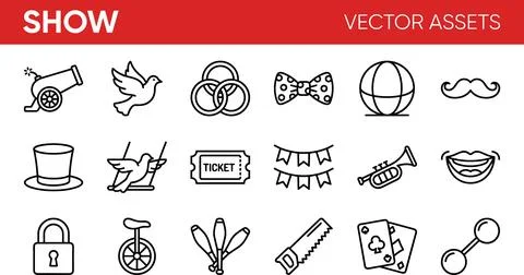 Circus Show Vector Assets Collection with Outline Icons. Illustrazione stock