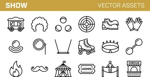 Circus Show Vector Assets Line Icons Set. Stock Illustration