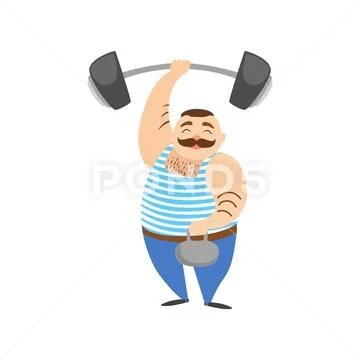 Circus Strongman Man Holding Two Heavy Weight Performing Strength Demonstration Stock Illustration
