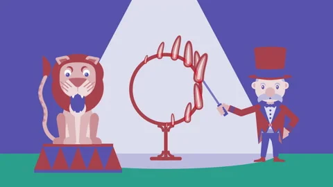 Circus tamer lights fire ring for lion Stock Footage 147988833