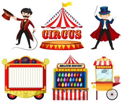 Circus theme objects with magician, tent, cage, games and food stall Ilustração Stock