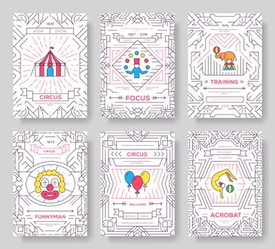 Circus thin line brochure cards set. Festival traditional template of flyear Stock Illustration