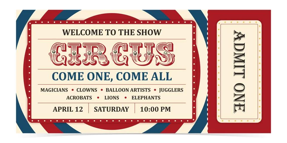 Circus ticket template design. Admit one mockup circus show and carnival invite. Stock Illustration