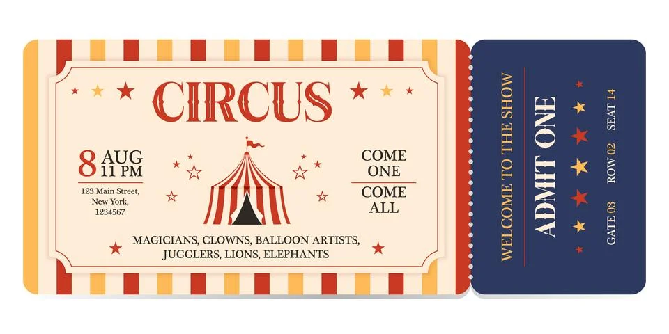 Circus ticket template design. Admit one mockup circus show and carnival invite. Stock Illustration