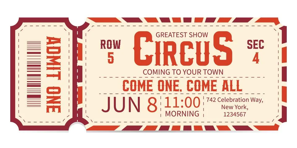 Circus ticket template design. Admit one mockup circus show and carnival invite. Stock Illustration