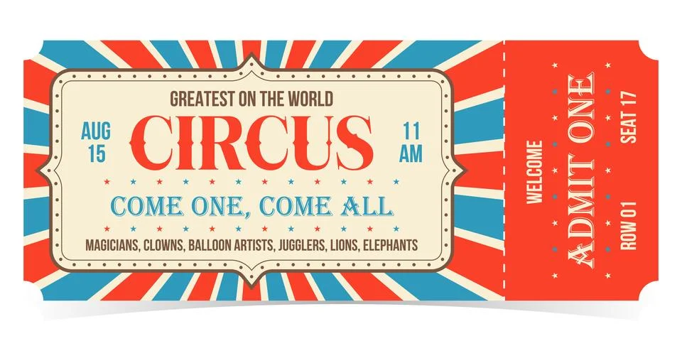 Circus ticket template design. Admit one mockup circus show and carnival invite. Stock Illustration
