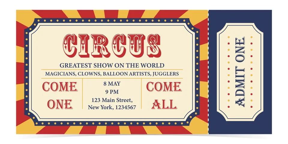 Circus ticket template design. Admit one mockup circus show and carnival invite. Stock Illustration