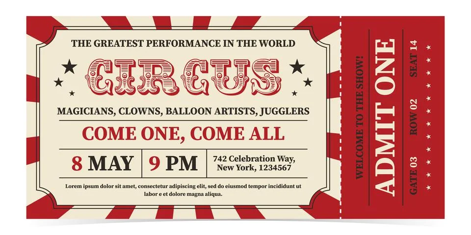 Circus ticket template design. Admit one mockup circus show and carnival invite. Stock Illustration