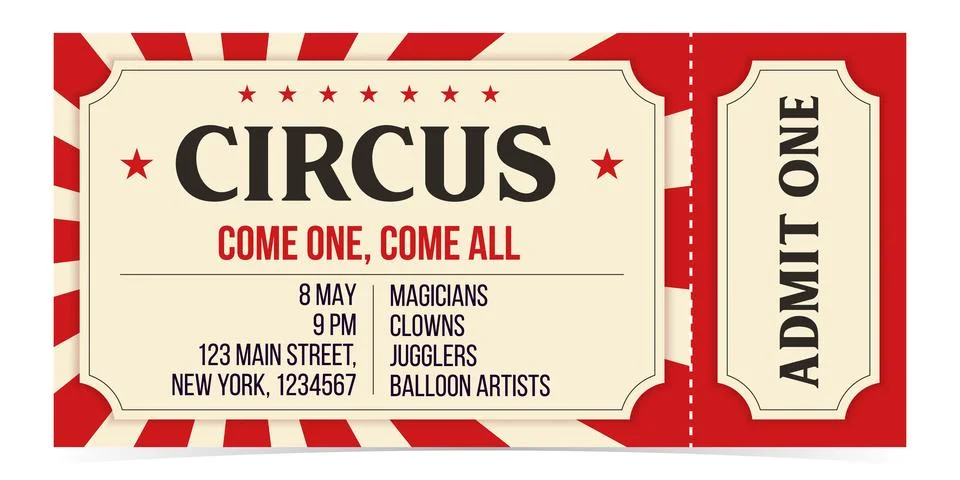 Circus ticket template design. Admit one mockup circus show and carnival invite. Stock Illustration