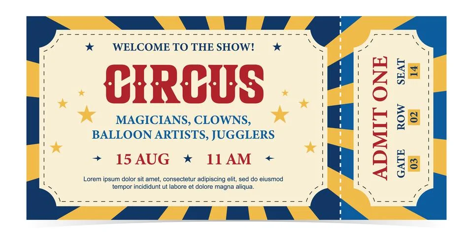Circus ticket template design. Admit one mockup circus show and carnival invite. Stock Illustration
