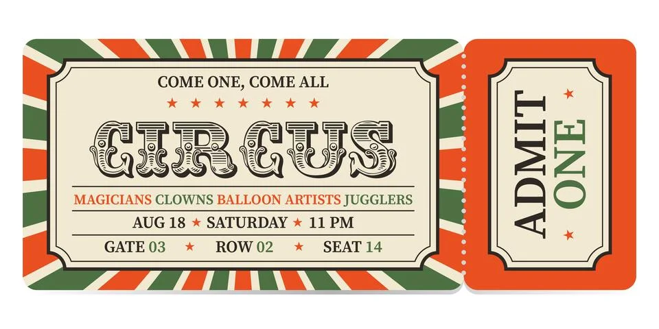 Circus ticket template design. Admit one mockup circus show and carnival invite. Stock Illustration