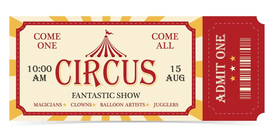 Circus ticket template design. Admit one mockup circus show and carnival invite. Stock Illustration